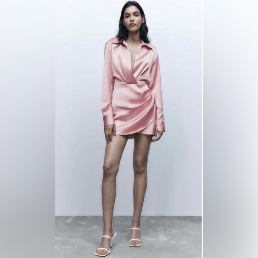 Zara Short Satin Effect Dress Pink Sz M